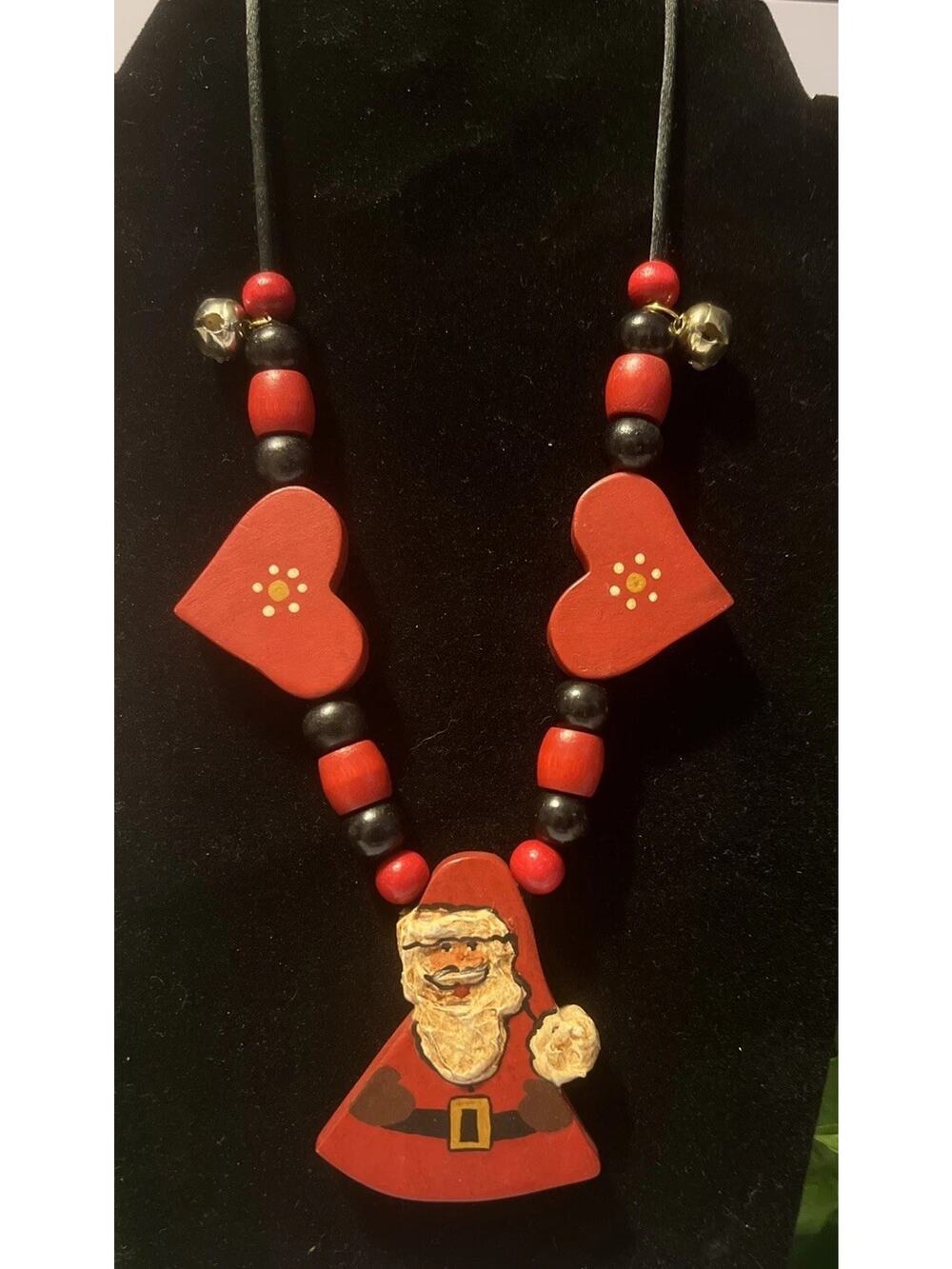 Christmas Necklace Santa , Jingle Bells Pendant Handmade Wooden Corded 30”